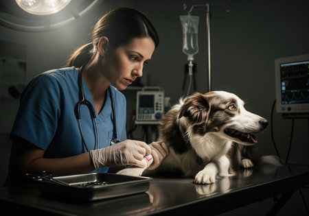 Dedicated veterinarian, wearing scrubs and gloves, carefully treats a dog patient lying on an examination table under dramatic lighting in a dark veterinary hospital. medical equipment and IV drip are visible, symbolizing care, health, and emergency medicine.の素材