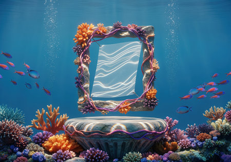 Ornate stone podium and decorative coral frame floating in a vibrant blue ocean. the scene is surrounded by colorful reef elements and tropical fish, providing copy space for product presentation or advertising.の素材