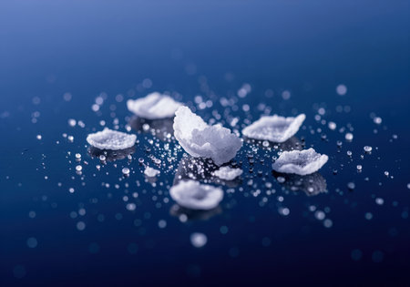 Delicate white crystalline sea salt flakes, resembling petals, scattered among tiny water droplets on a highly reflective, saturated indigo blue surface. macro studio shot emphasizing texture and contrast.の素材