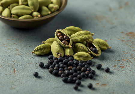 Whole and cracked green cardamom pods revealing dark seeds, scattered alongside loose black cardamom seeds on a rustic, textured gray surface. a bowl of pods sits in the background. essential cooking spice.の素材