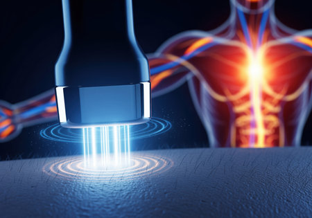 Focused medical device probe emitting blue therapeutic energy onto human skin. background shows glowing internal anatomy structure, symbolizing pain relief and deep tissue treatment.の素材