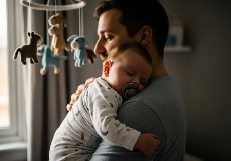 Young father comforting his baby boy who is sleeping peacefully on his shoulder. a crib mobile hangs nearby. focuses on parental love, care, and family routine.の素材