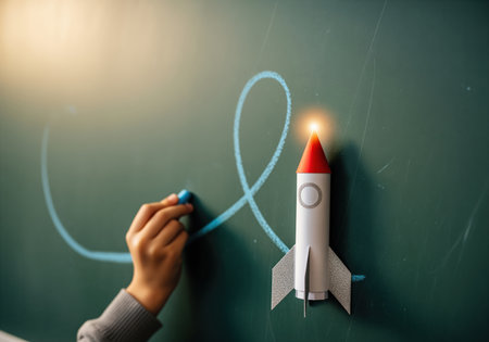 Hand drawing a looping chalk trajectory path on a green chalkboard next to a paper rocket model. conceptual image representing startup launch, success, strategy, and education.の素材