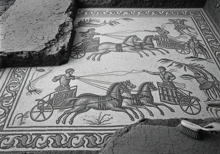 Ancient roman mosaic floor depicting a chariot race scene with charioteers and horses, partially uncovered during an archaeological dig. black and white historical photograph showing the excavation process.の素材