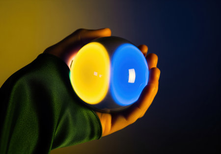 Translucent sphere held in a hand, illuminated by opposing yellow and blue light sources, symbolizing duality, balance, and technological concepts in a dark environment.の素材
