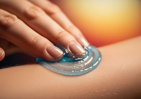 Woman fingers gently spreading thick, translucent blue cosmetic gel with glitter particles onto smooth body skin. concept of beauty, hydration, and spa treatment.の素材