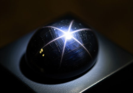 Black star sapphire gemstone, cabochon cut, exhibiting a brilliant six ray asterism under focused light. high contrast, luxury, rarity, and rare jewelry concept.の素材