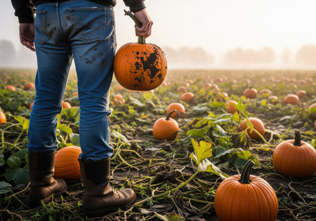 Man in dirty jeans and boots stands in a vast pumpkin field, holding a large orange pumpkin during the misty autumn harvest. agriculture and farming concept.の素材