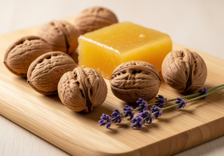 Whole walnuts, a block of solid golden honey, and a sprig of purple lavender flowers arranged on a light wooden cutting board. highlighting natural ingredients, healthy food, and gourmet concepts.の素材