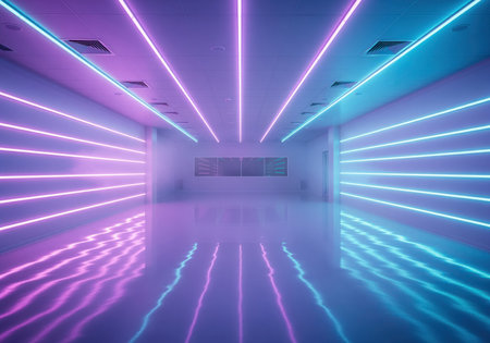 Empty futuristic room or high tech corridor bathed in vibrant neon purple and cyan light. parallel light lines reflect strongly on the polished floor, creating a dynamic, abstract background.の素材