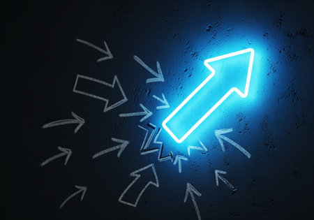 Bright blue neon arrow pointing upwards on a dark wall, surrounded by many smaller converging chalk arrows. conceptual image representing strategy, focus, innovation, growth, and success.の素材