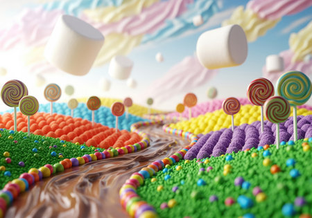 Fantastical landscape composed entirely of sweets, featuring a flowing chocolate river bordered by colorful candies. fields of textured sugar and giant lollipops dominate the foreground, while large marshmallows float as clouds in a pastel, sugary sky.の素材