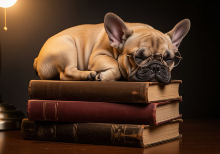 Fawn french bulldog puppy wearing round scholar glasses sleeping soundly on a stack of antique leather books. cozy, humorous concept of study and academic exhaustion.の素材