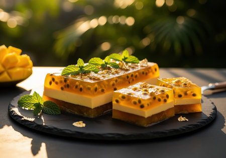 Layered mango and passion fruit gelatin dessert squares, featuring creamy mousse and clear jelly with seeds, garnished with fresh mint on a dark slate. tropical flavor and gourmet presentation.の素材
