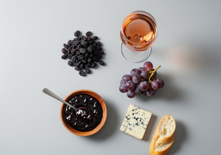 Rose wine glass, fresh grapes, dark raisins, blue cheese wedge, fruit jam in a wooden bowl, and baguette slice arranged in a flat lay composition on a gray surface. gourmet food concept.の素材