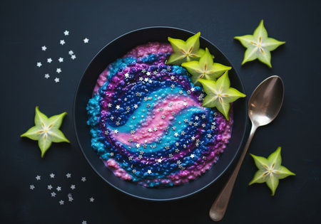 Fantastical breakfast bowl featuring colorful oatmeal swirled in pink, blue, and purple, resembling a galaxy. garnished with edible star sprinkles and fresh carambola slices on a dark background.の素材