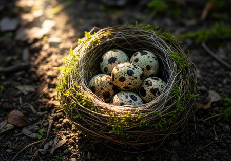 Six speckled eggs resting inside a rustic birds nest woven with twigs and green moss, placed on dark soil and dramatically illuminated by a shaft of golden sunlight.の素材