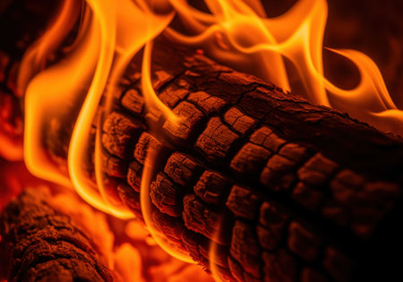Intense bright orange flame surrounding a textured, charred wood log captured in an extreme close up. focus on the heat, combustion, and raw energy of the fire.の素材