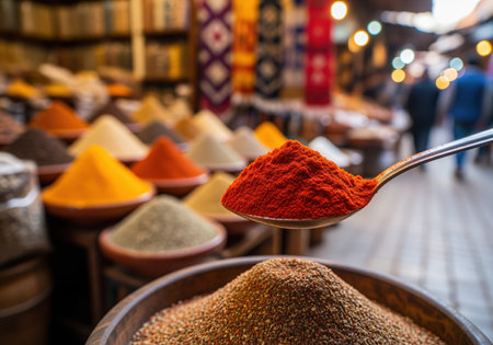 Vibrant red paprika powder piled high on a spoon, held over a large bowl of spices. blurred background features colorful conical spice piles in a bustling traditional market or souk.の素材