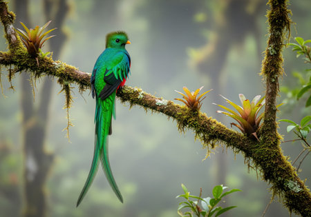 Male resplendent quetzal, known for its brilliant green plumage and extremely long tail feathers, sitting on a lichen covered branch in a misty tropical cloud forest.の素材
