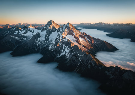 Rugged mountain peaks covered in snow and rock illuminated by golden hour light. dense fog fills the valley below, creating a stunning cloud inversion landscape.の素材