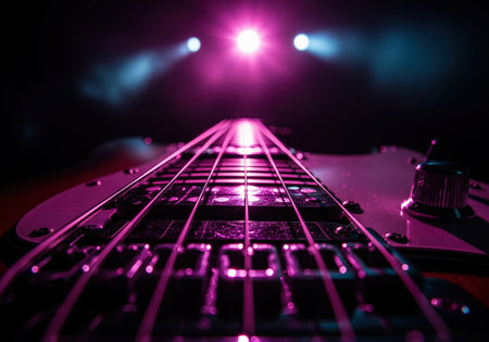 Electric guitar fretboard and strings captured in a dynamic low angle close up. illuminated by intense magenta and cyan stage spotlights, creating a vibrant, energetic concert atmosphere.の素材