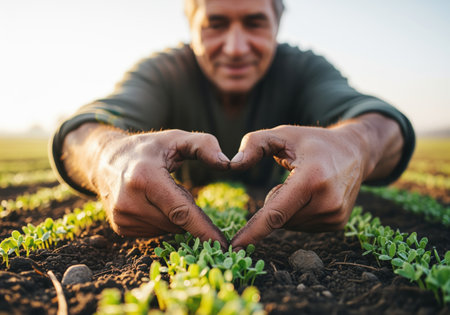 Farmer weathered hands, covered in soil, form a symbolic heart shape over a row of tiny green seedlings sprouting from the dark, fertile earth, symbolizing care and growth.の素材