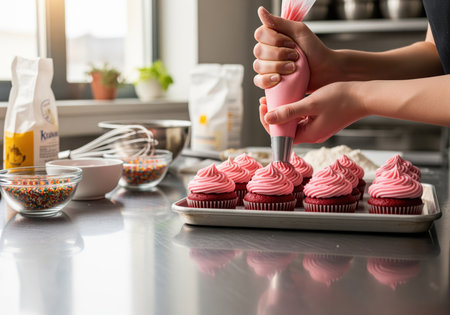 Baker hands skillfully piping bright pink buttercream frosting onto a tray of fresh red velvet cupcakes on a stainless steel counter, ready for sale.の素材