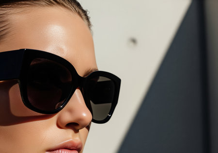 Close up profile of a stylish woman wearing large black sunglasses against a bright wall with harsh sunlight and shadow. high fashion, beauty, and luxury concept.の素材