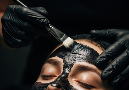 Beautician wearing black gloves applies a thick, black detox charcoal facial mask to a woman forehead using a brush. focus on professional skincare, beauty, and spa treatment.の素材