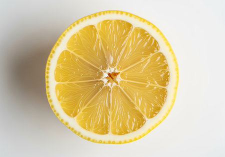 Perfectly bisected fresh yellow lemon half slice captured in a detailed macro overhead view, showcasing the juicy pulp and bright citrus color. symbolizes freshness, health, and vitamin C.の素材