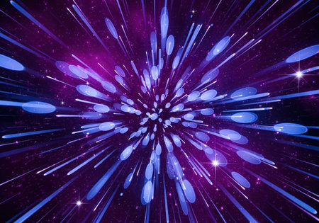 Vibrant blue and purple abstract background showing light trails bursting from the center, suggesting speed, energy, and cosmic travel through a starry vortex.の素材