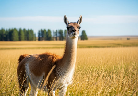 Guanaco standing in a vast field of tall, golden meadow grass on a sunny day. the wild camelid is alert, looking forward, with a line of green trees visible in the distant background under a bright blue sky.の素材