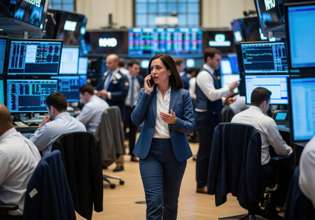 Professional businesswoman in a suit talking on a cell phone while walking through a crowded stock exchange trading floor filled with monitors and busy traders.の素材