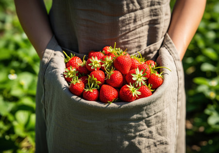 Freshly picked ripe red strawberries gathered in the fold of a natural linen apron worn by a woman standing in a sunny green field. organic farming, harvest, and healthy summer fruit concept.の素材