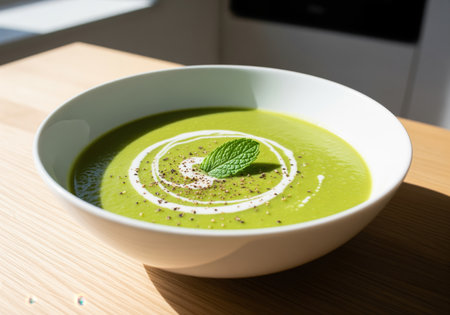 Vibrant green cream soup garnished with fresh mint, black pepper, and a cream swirl, served in a white bowl on a light wooden surface. healthy, gourmet, and fresh food concept.の素材