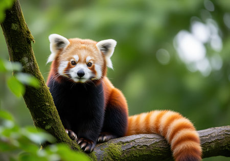 Red panda perched on a moss covered tree branch, looking directly forward. features its distinctive reddish fur, black markings, and striped tail against a lush green forest background.の素材