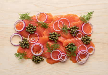 Smoked salmon slices arranged on a light wooden surface, garnished with clusters of capers, bright red onion rings, and green dill sprigs. perfect for appetizers or breakfast.の素材