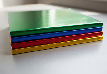 Four vibrant metallic foil sheets stacked neatly on a neutral surface, showcasing reflective green, blue, red, and gold colors. ideal for packaging, craft, or holiday concepts.の素材