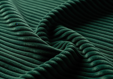 Deep emerald green corduroy fabric draped in soft folds, showcasing thick, velvety ridges. ideal for textile design, fashion backgrounds, and luxurious texture concepts.の素材