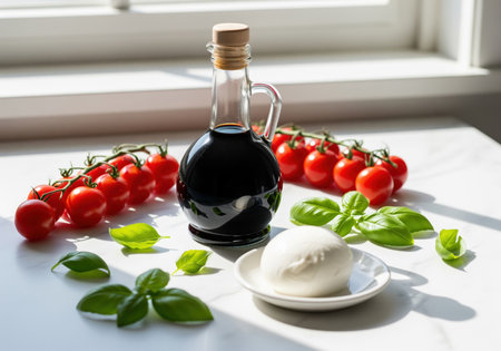 Bottle of rich, dark balsamic vinegar displayed with fresh ingredients for caprese salad, ripe cherry tomatoes on the vine, bright green basil leaves, and a ball of mozzarella cheese on a white marble surface.の素材