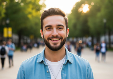 Handsome young man with a neatly trimmed beard smiling confidently directly at the camera. outdoor portrait in a sunny urban park with blurred people walking in the background, conveying happiness and confidence.の素材