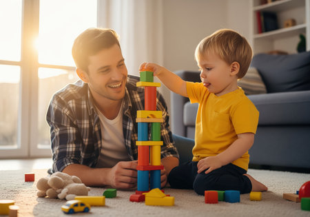 Father and toddler son lying on the living room floor, smiling while constructing a tall tower using colorful wooden building blocks. focus on family bonding, development, and childhood play in warm sunlight.の素材