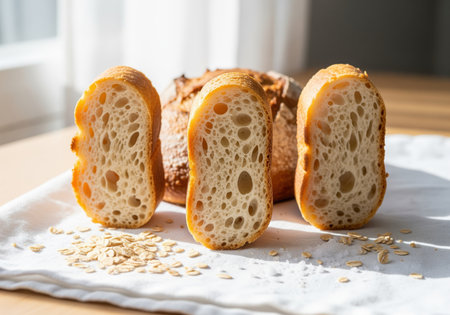 Three vertical slices of freshly baked artisanal sourdough bread displaying a beautiful open crumb structure. the bread is placed on a white cloth with scattered oats, illuminated by bright natural light.の素材