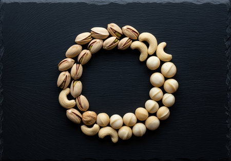 Circular frame composed of shelled pistachios, whole cashews, and macadamia nuts, placed on a dark, textured slate background. healthy eating, snack food, and nutrition concept.の素材