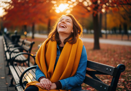 Happy woman sitting on a park bench surrounded by fall foliage, laughing with genuine joy during the golden hour sunset.の素材