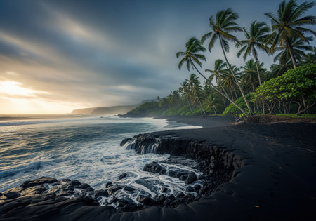 Dramatic tropical coastal landscape featuring a secluded black sand beach, volcanic rock, and lush palm trees under a moody sunset sky with crashing ocean waves.の素材