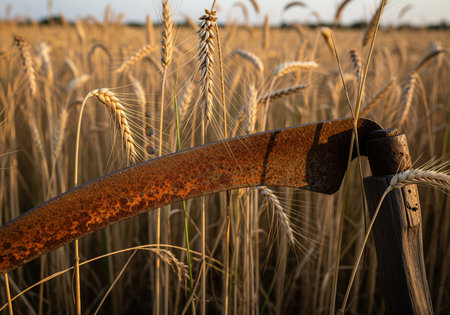 Rustic scythe blade, heavily covered in rust, standing vertically amidst a dense field of golden ripe wheat ears during sunset. symbolizes traditional farming, harvest, and history.の素材