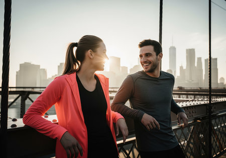 Athletic man and woman smiling and talking while leaning on a bridge railing after a morning run. urban skyline visible in the bright, backlit background, showing fitness and healthy lifestyle.の素材