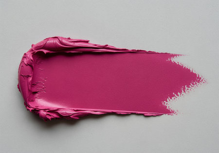Textured swipe of vibrant fuchsia pink cream makeup or lipstick, smeared horizontally on a smooth, light gray background. focus on rich color and creamy texture.の素材